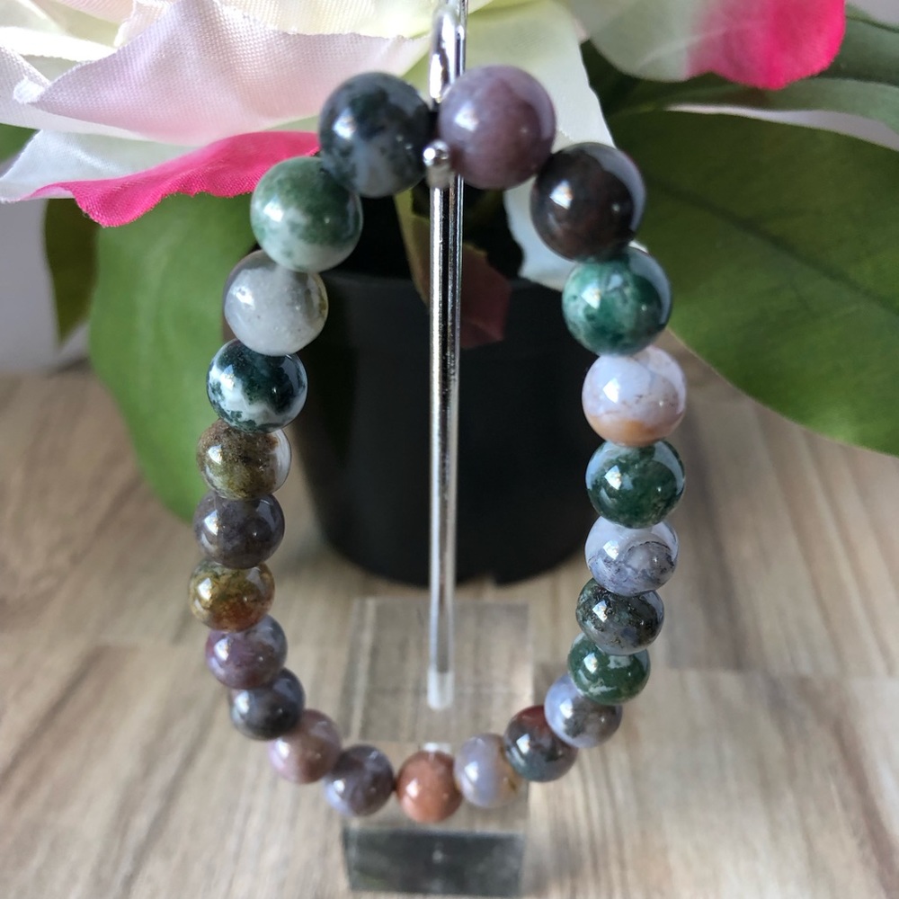 Indian Agate Natural Stone Beads Stretchable Bracelet 7" - 8mm Beads Best Gift